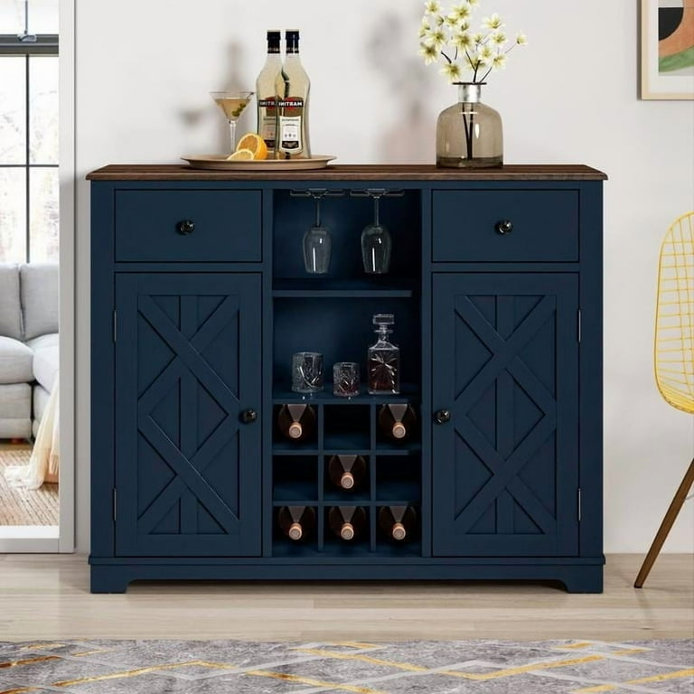 FESTIVO 47 in. X-Door Wine Cabinet, Built-in Rack, Navy Matte Blue