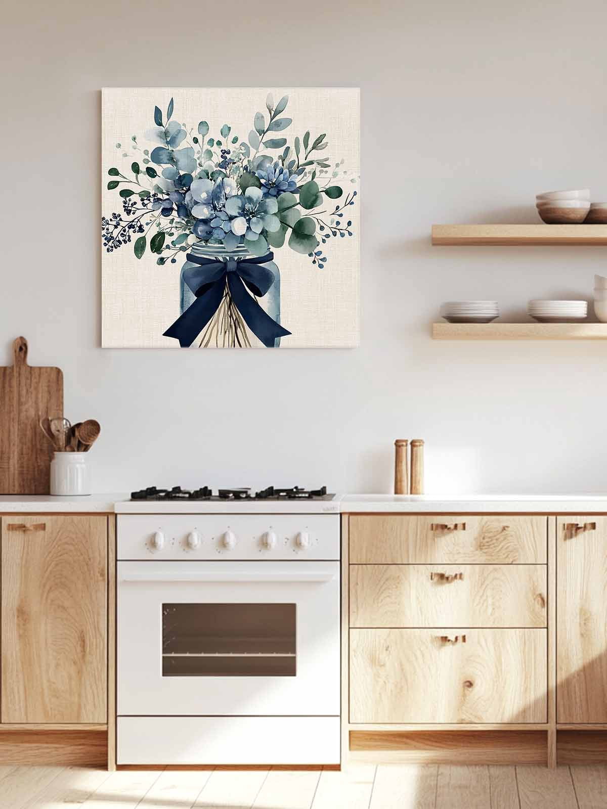 Blue Floral Canvas Wall Art, Pastoral Eucalyptus Leaf Bow Vase Framed Wall Decor Modern Artwork Prints Painting for Living Room, Bedroom, Kitchen & Cafe Decor 12x12 Inch