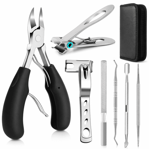 Hemivara 7 Piece Toenail Clippers Set for Thick Nails, Wide Jaw 360 Rotating Clipper, Nail Nipper, File, Cuticle Pusher & Case, for Adults & Seniors
