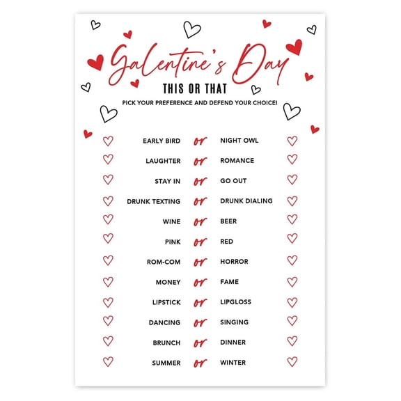 Koyal Wholesale Galentine’s Day This or That Game Cards, Red & Black, Girls Night, 24-Pack