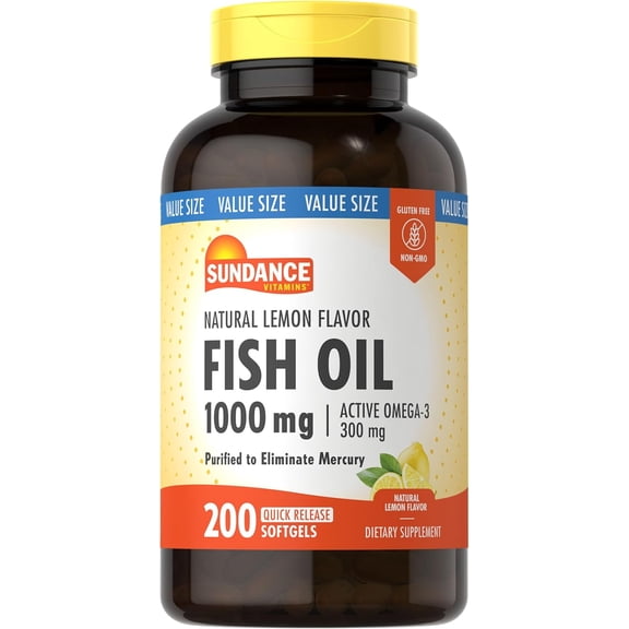 Fish Oil 1000mg with Active Omega-3 | 200 Softgels | Lemon Flavor | by Sundance