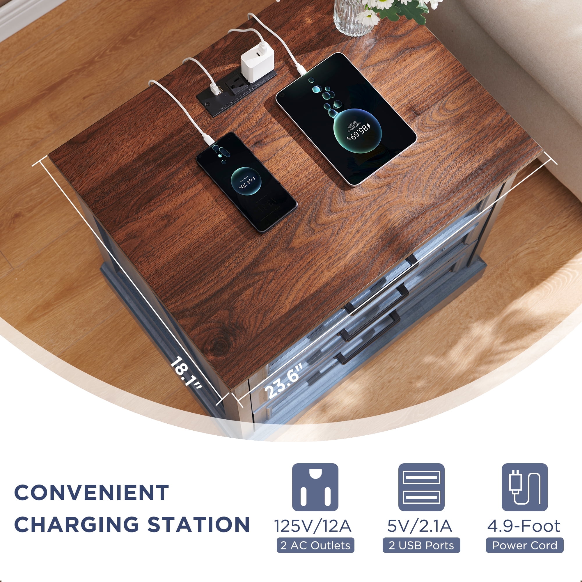 ACCOHOHO 3 Drawer Nightstand Set of 2 with Charging Station - Farmhouse End Tables, Rustic Side Tables for Bedroom & Living Room, Blue