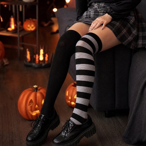 Lumtrix Striped and Solid Thigh High Socks for Women Mismatched Over the Knee Stockings Trendy Halloween Party Socks H One Size