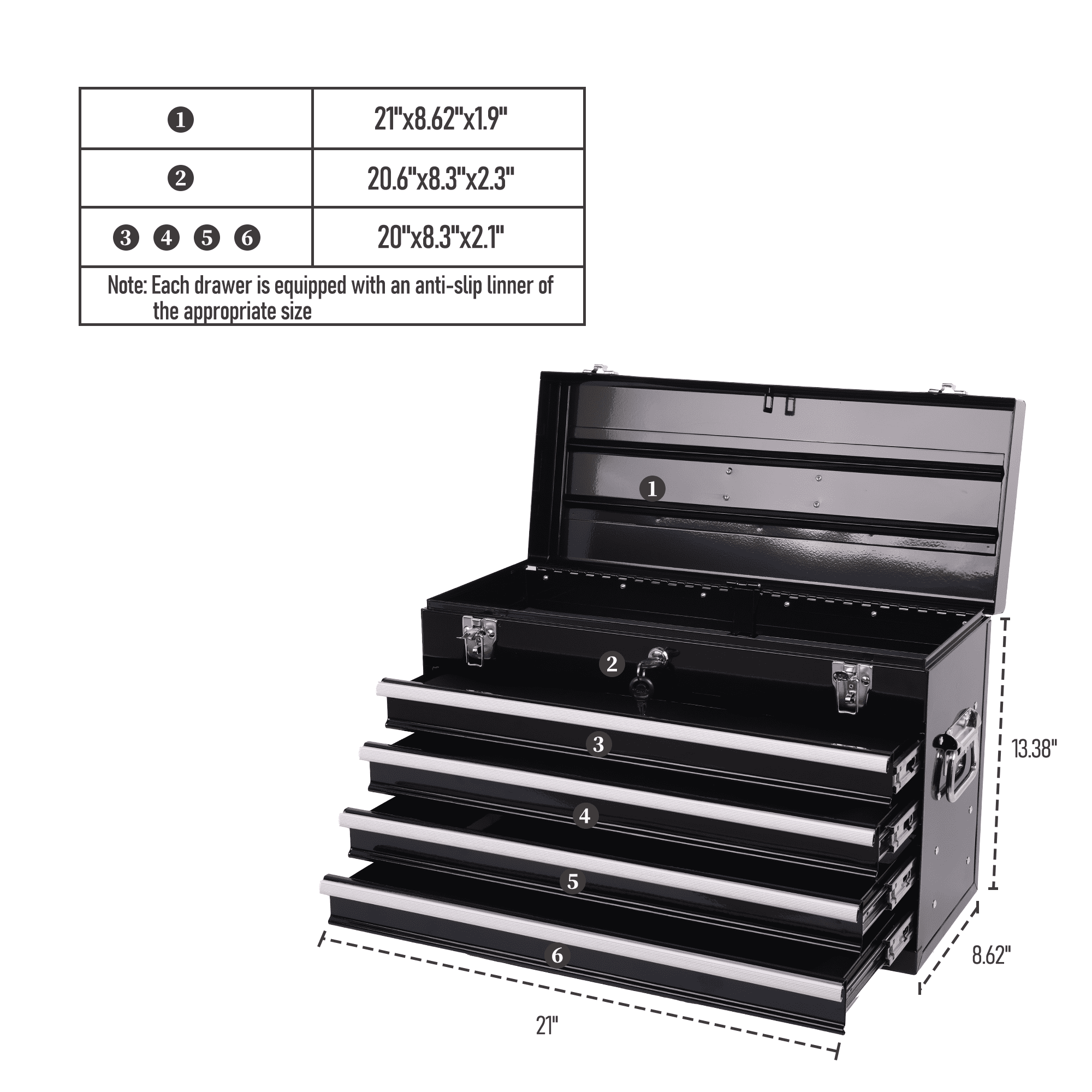 21 Inch Heavy-Duty Metal Tool Box with 4 Drawers, Portable Tool Chest with Ball Bearing Slides, Auto-Locking System & EVA Liners, Antique Black Multi-Purpose Organizer