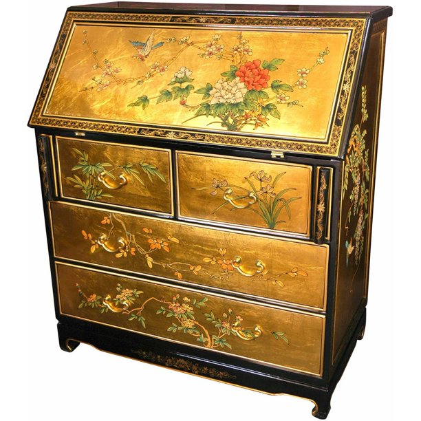 Oriental Furniture Gold Leaf Secretary Desk