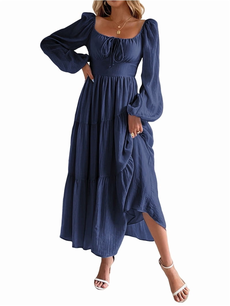Womens Vacation Style French Dress Long Sleeve Waist Tied Casual Midi Dress  Elegant Green L