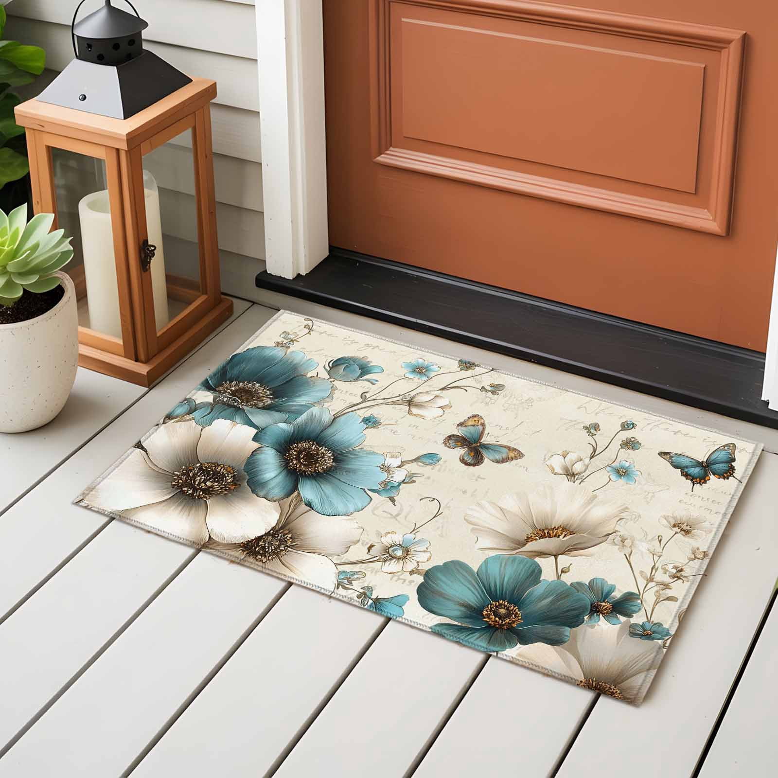 Teal Tulip Butterfly Entryway Rug 2'x3'&nbsp; Non Slip Front Door Mats, Turquoise Floral Farmhouse Beige Entrance Rugs Indoor Outdoor Carpet, Washable Floor Mats Small Area Rug for Bedroom Kitchen