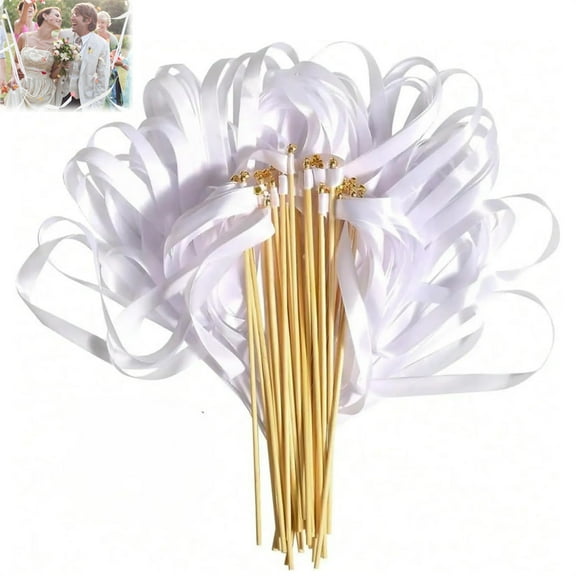20 Pcs White Ribbon Wands,Silk Streamers Sticks with Bell,Lace Fairy Stick Wish Wands,for Wedding Birthday Party Holiday Celebration Photo Props By Shceam