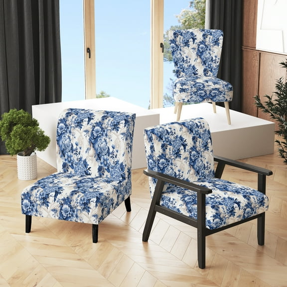 Designart "Cobalt Blue Double Cameo" Blue Floral Upholstered Accent Chair - Cottage Arm Chair For Living Room