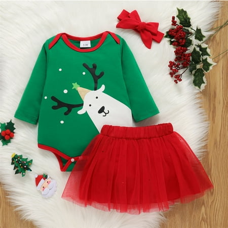 

CHGBMOK Christmas Deals Toddler Newborn Baby Girls Clothing Christmas Print Deer Long-Sleeved Bag Fart Dress Foreign Air Mesh Skirt Three-Piece Suit Clearance