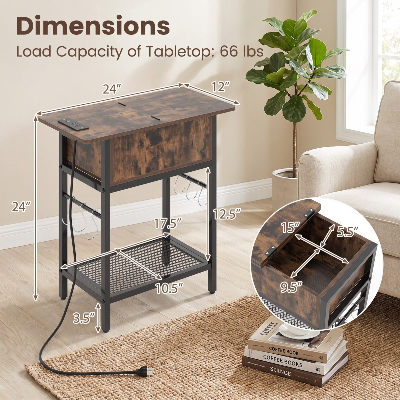 Furnibear End Table with Charging Station USB Ports Outlets and Flip Top Hidden Compartment for Living Room Bedroom and Sofa Side, Coffee