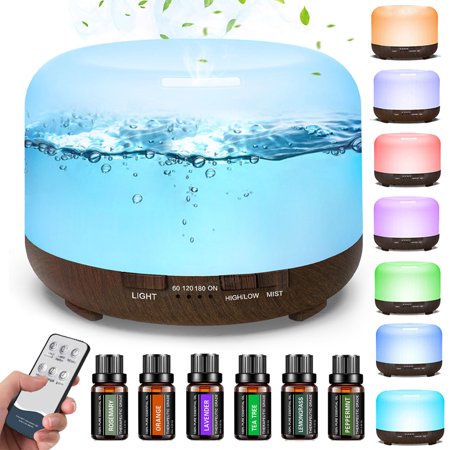 Fimilo 500ml Upgraded Black Wood Color Base White Aroma Water Diffuser with 6*10ml Nature Essential Oil and Remote Control for Home Office,Aromatherapy Fragrant Oil Air Humidifier Vaporizer for Gift
