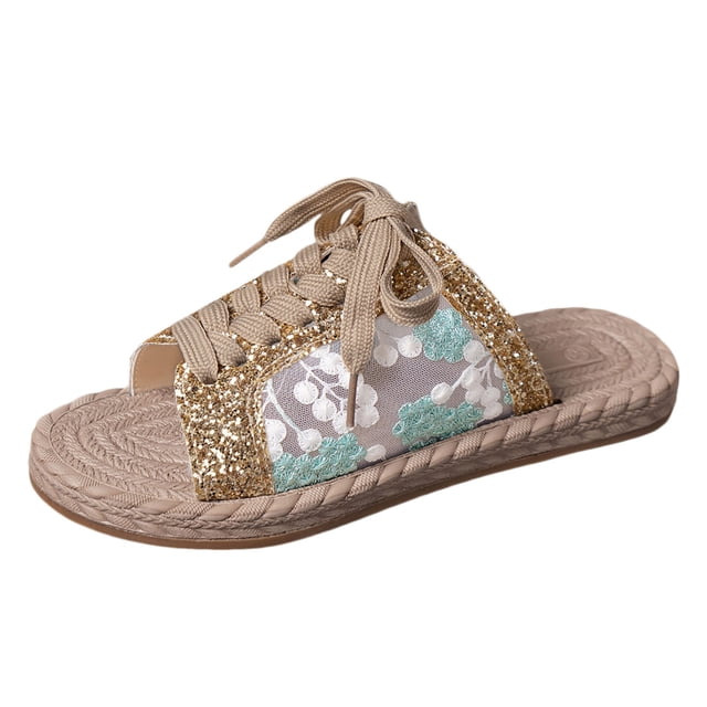 IUJSOY Straw Slide Sandals for Women Open Toe Lace up Mesh Embroidery Band Slip on Summer Flats