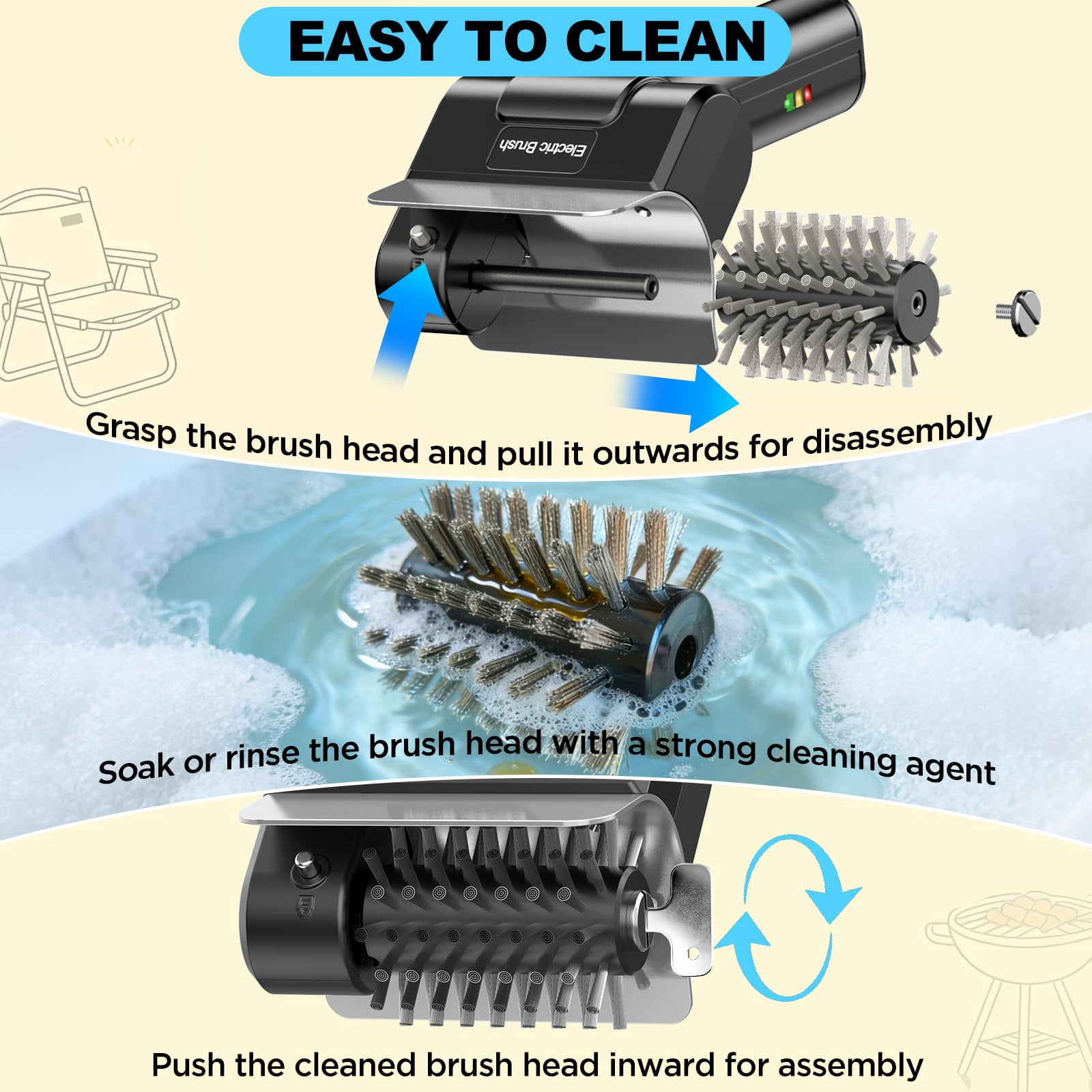 Electric Grill Brush Blue Button Dual Safety Lock 304 SS Head