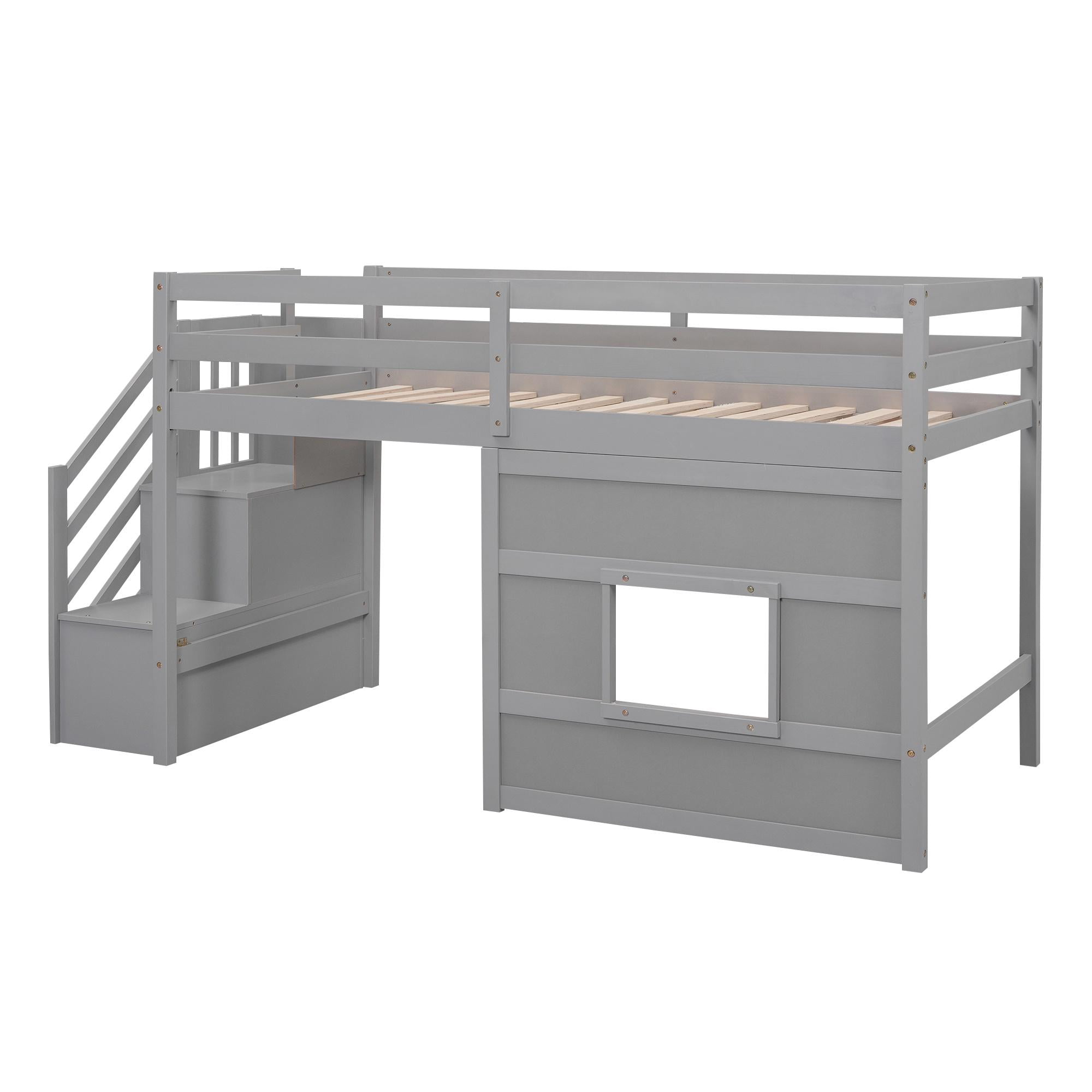 Bellemave Low Loft Bed with Stairs, Twin Size Loft Bed with LED Light and Storage Space, Wood Loft Bed Frame for Bedroom (Gray)