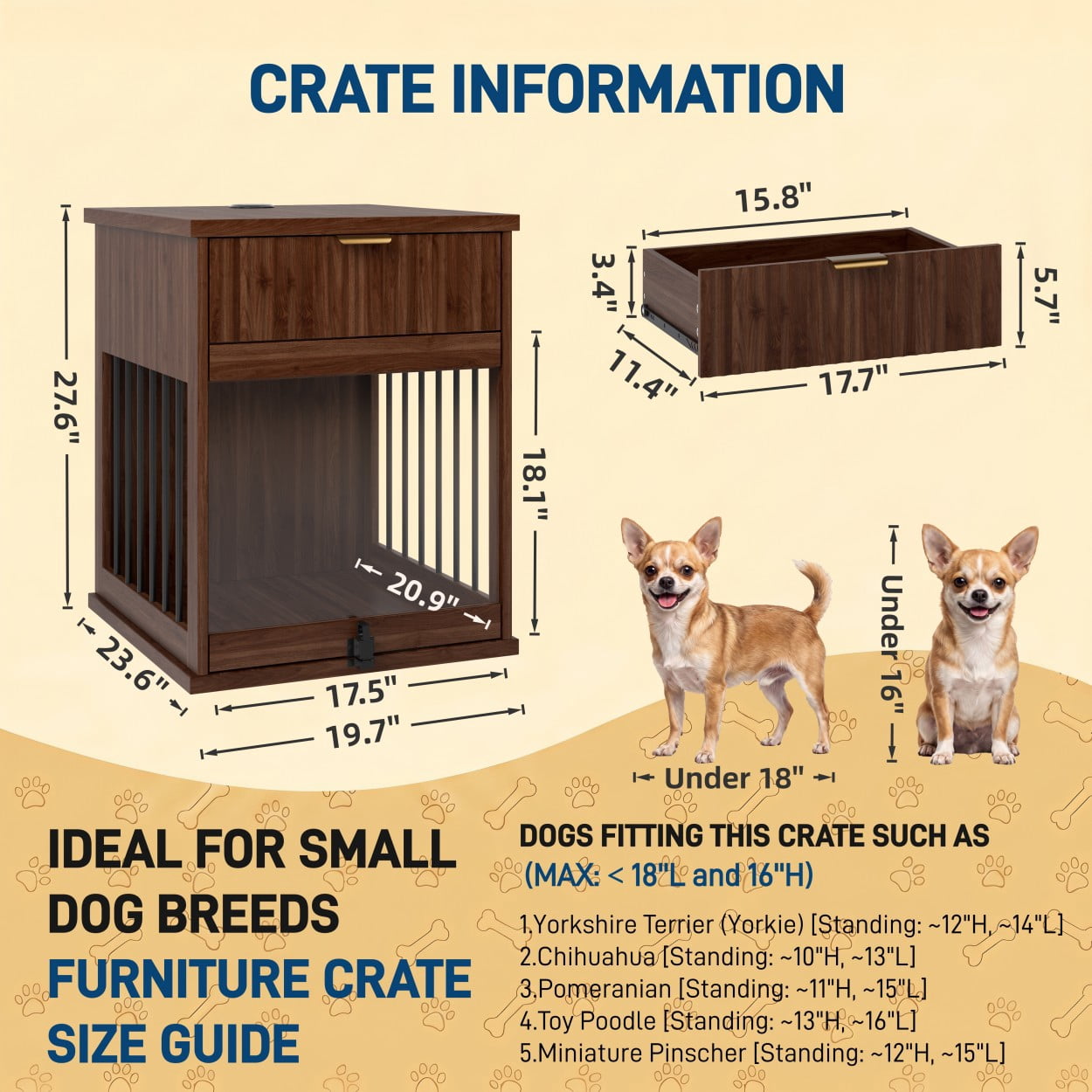 Dog Crate Furniture End Table with Charging Station, Wooden Kennel with Hideaway Tempered Glass Door, Storage Drawer, Indoor Pet House for Small & Medium Dogs, Antique Brown