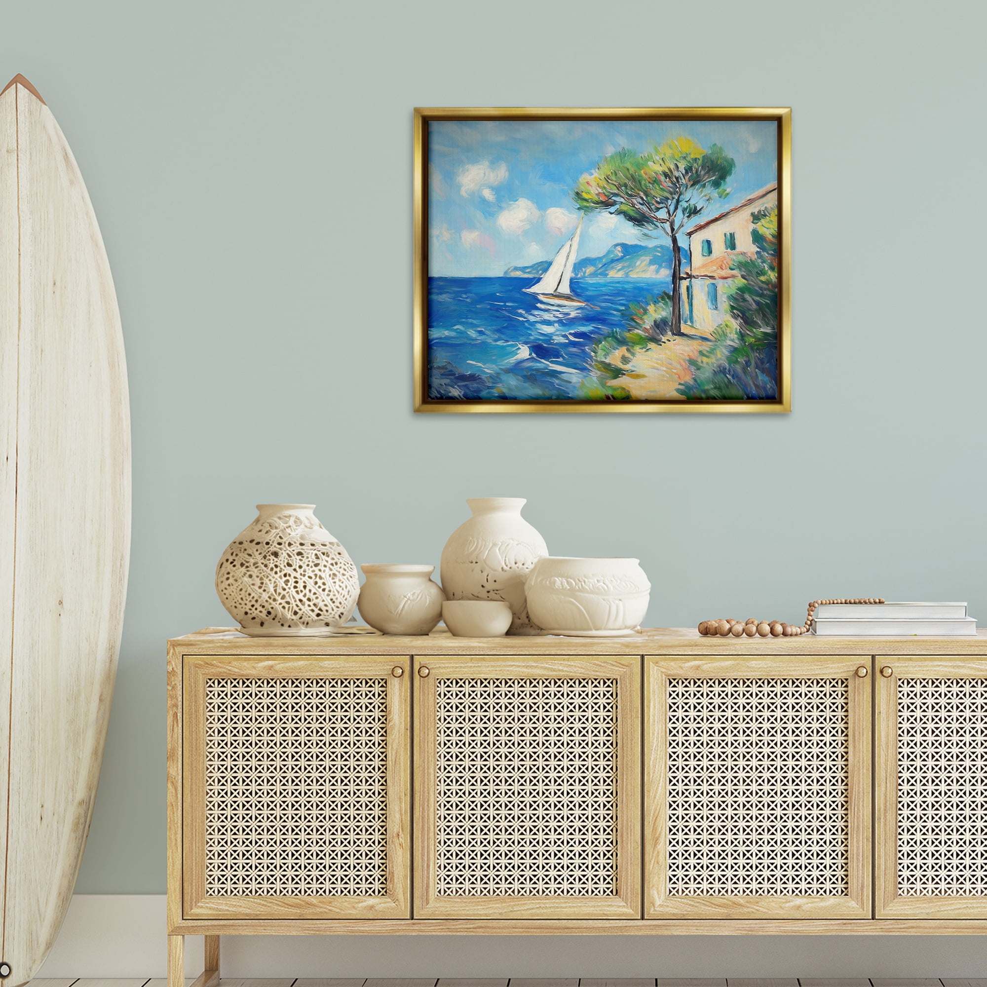 Stupell Industries Sailboat & Beach Villa Coastal Painting Gold Floater Framed Canvas Art Print Wall Art, 31 x 25