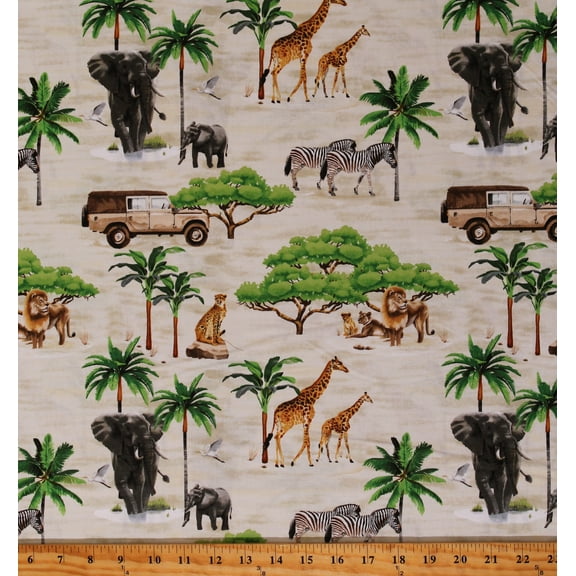 Cotton Safari Sights Animals Trees Giraffes Zebras Lions Elephants Brown Cotton Fabric Print by the Yard (3626-41) Blank Quilting