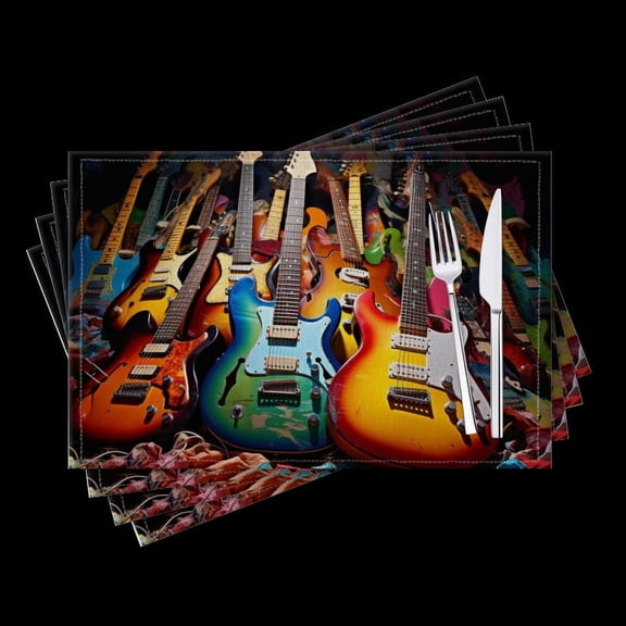 BaHomeck placemats Set of 4 Colorful Display Of Electric Guitars With Different Body Styles Cotton Linen rectangle Placemats for Kitchen Dining Table Indoor,Outdoor,18*12inch