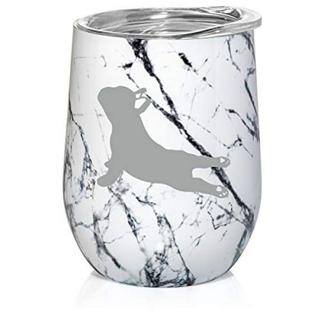 

12 oz Double Wall Vacuum Insulated Stainless Steel Marble Stemless Wine Tumbler Glass Coffee Travel Mug With Lid French Bulldog Yoga (Black White Marble)