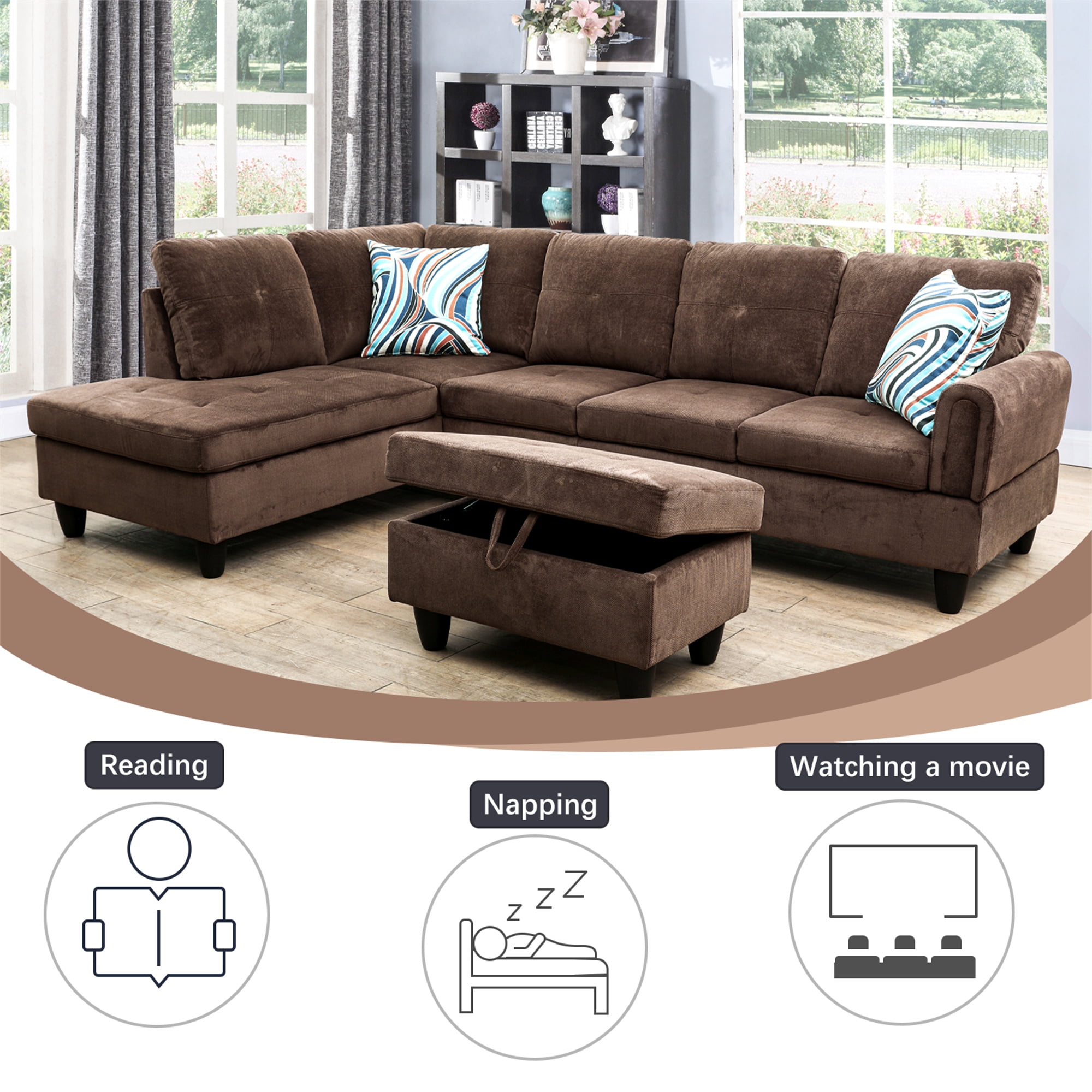 Aukfa 3 Piece L-shape Sectional Sofa Couch w/ Storage Ottoman, Right Chaise, 2 Pillows, Pineapple Velvet, Brown