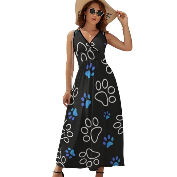 Dog Paw Print Dress Fashion Boho Beach Long Dresses Female Party Printed Maxi Dress