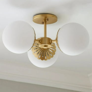 Homary Modern Gold 3-Light Semi Flush Mount Light with White Round Glass Globe Shade