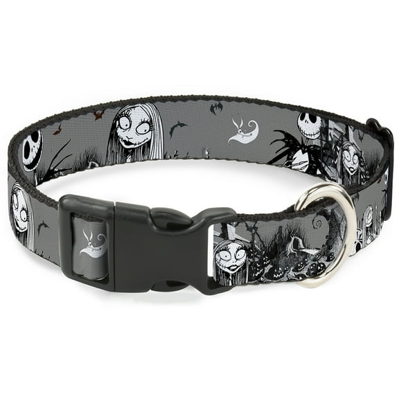 Disney Pet Collar, Dog Collar Plastic Buckle, Nightmare Before Christmas Jack Sally Cemetery Scene Gray, 7 to 8.5 Inches 0.5 Inch Wide