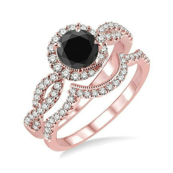 Limited Time Sale Infinity 1.50 Carat Black and White Round cut Diamond Bridal Set in 10k Rose Gold Wedding Engagement Ring Set