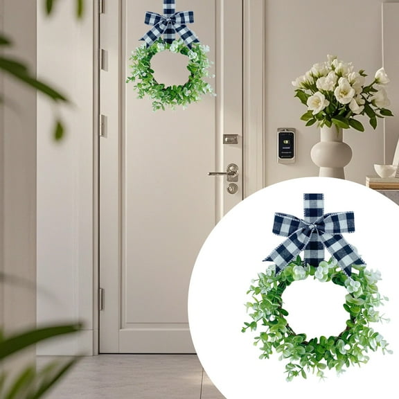 Mini Boxwood Wreaths,1PCS Artificial Spring Summer Greenery Wreath for Front Door Farmhouse Kitchen Cabinet Wreaths with Burlap Ribbon for Porch Wall Window Decor(White+Black)