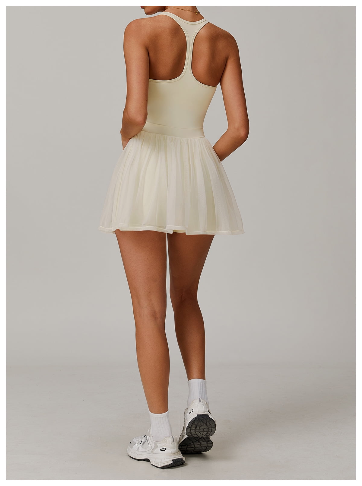 PISONIC Womens Tennis Golf Dress with Built-in Bra Shorts Backless Square Neck Mini Puffy Skirt Athletic Dresses with Pockets