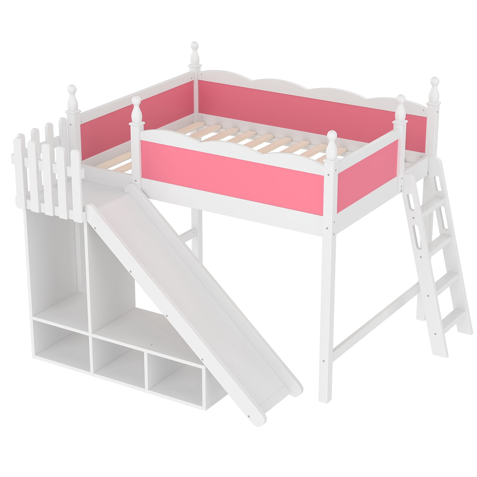 Leumius Full Loft Bed Frame with Storage Shelves and Wardrobe, Solid Wood Loft Bed with Detachable Slide and Ladders for Kids Teens Adults Pink and White