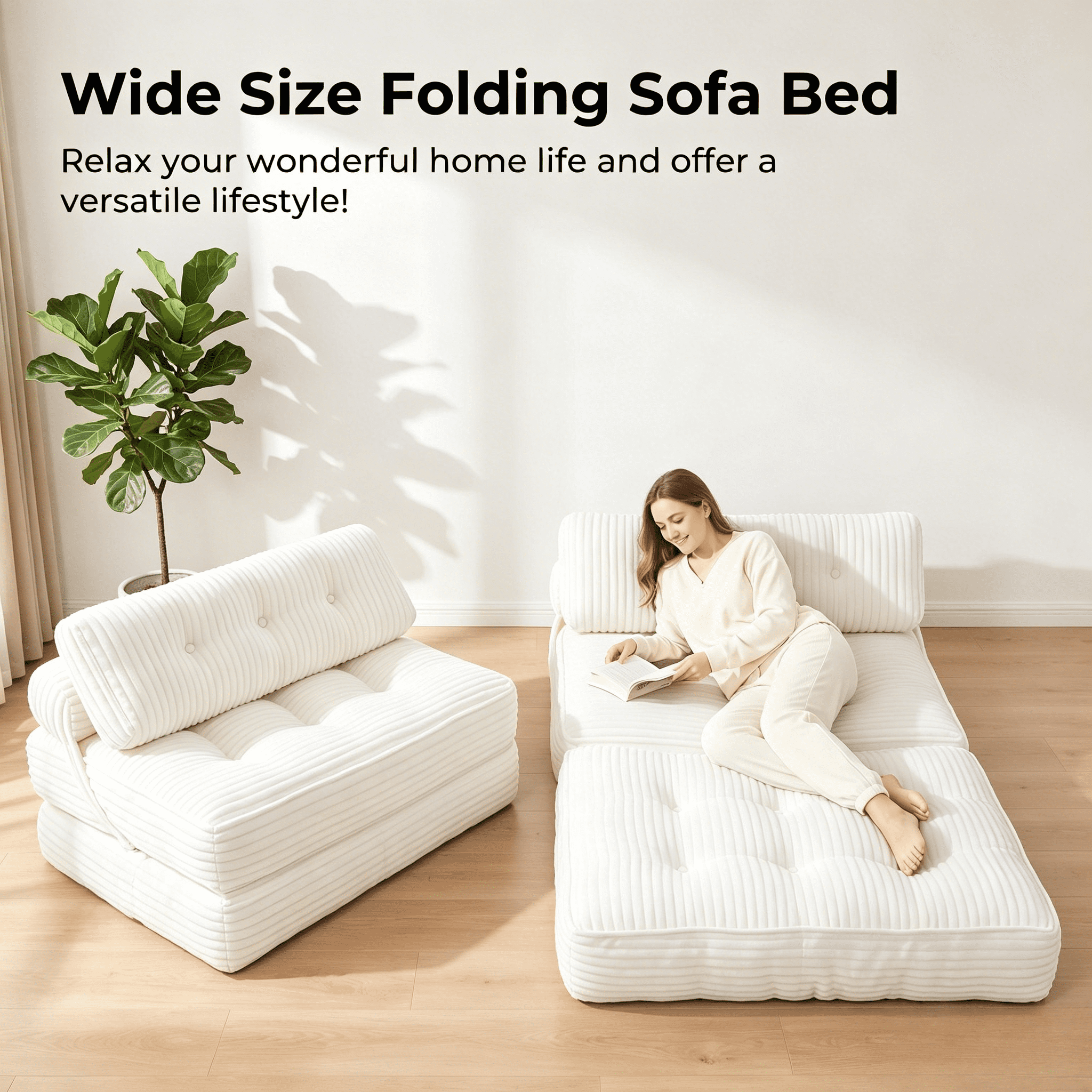 Howcool Corduroy Folding Sofa Bed,3 in 1 Convertible Sleeper Chair with Pillow & Lumbar Pillow,Boneless Floor Sofa Couch Lounge Chair for Living Room Dorm,Beige