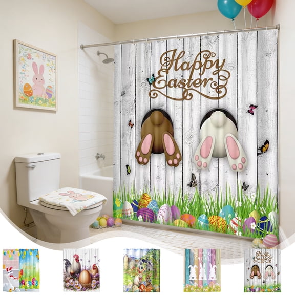 Yhmxh Happy Easter Shower Curtain for Bathroom Cute Rabbit Pink Spring Bunny Floral Shower Curtain with 12 Hooks for Easter Bathroom Decor, 48 x 72 Inch Waterproof Fabric Bath Curtain