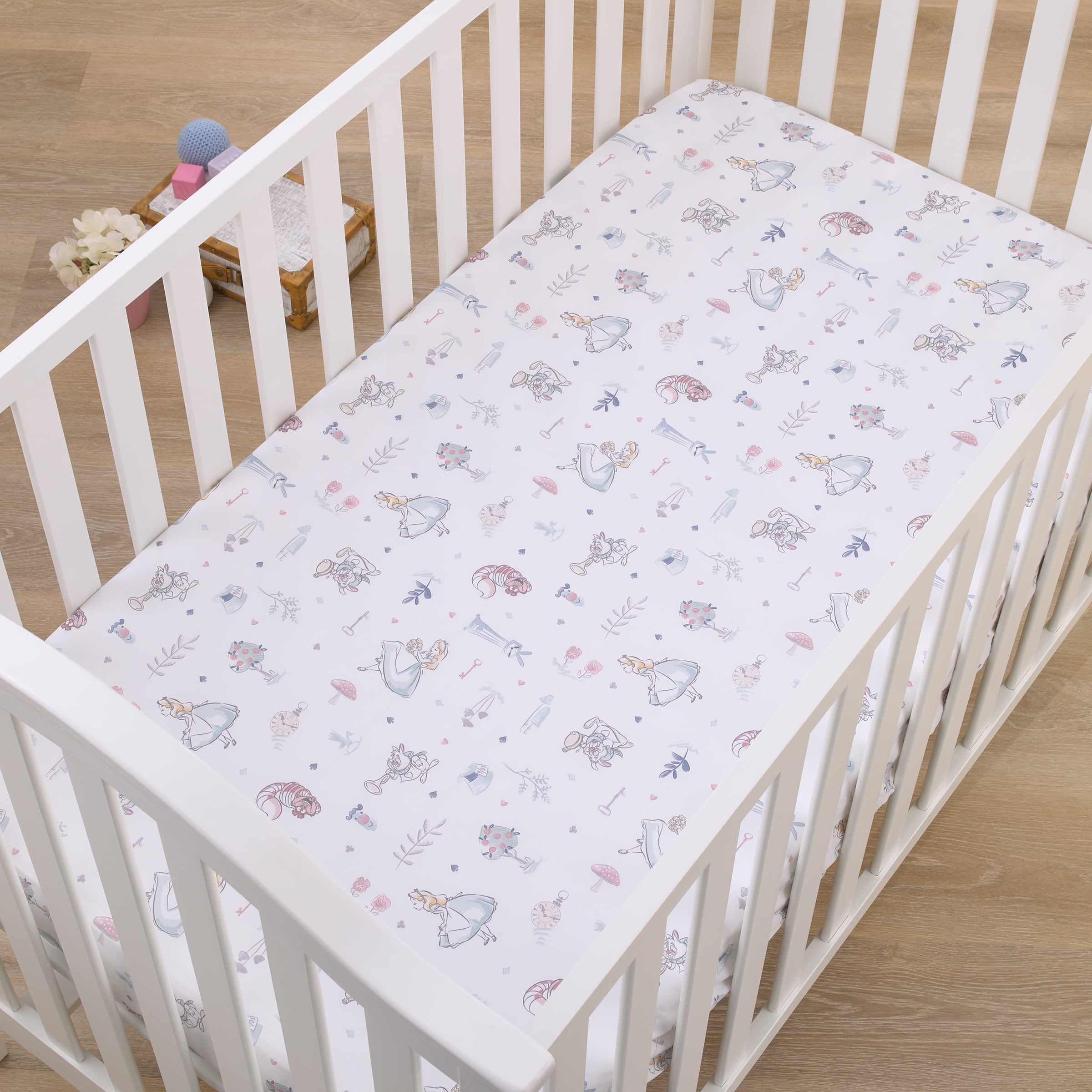 Disney Alice in Wonderland Light Blue and Pink Fitted Crib Sheet