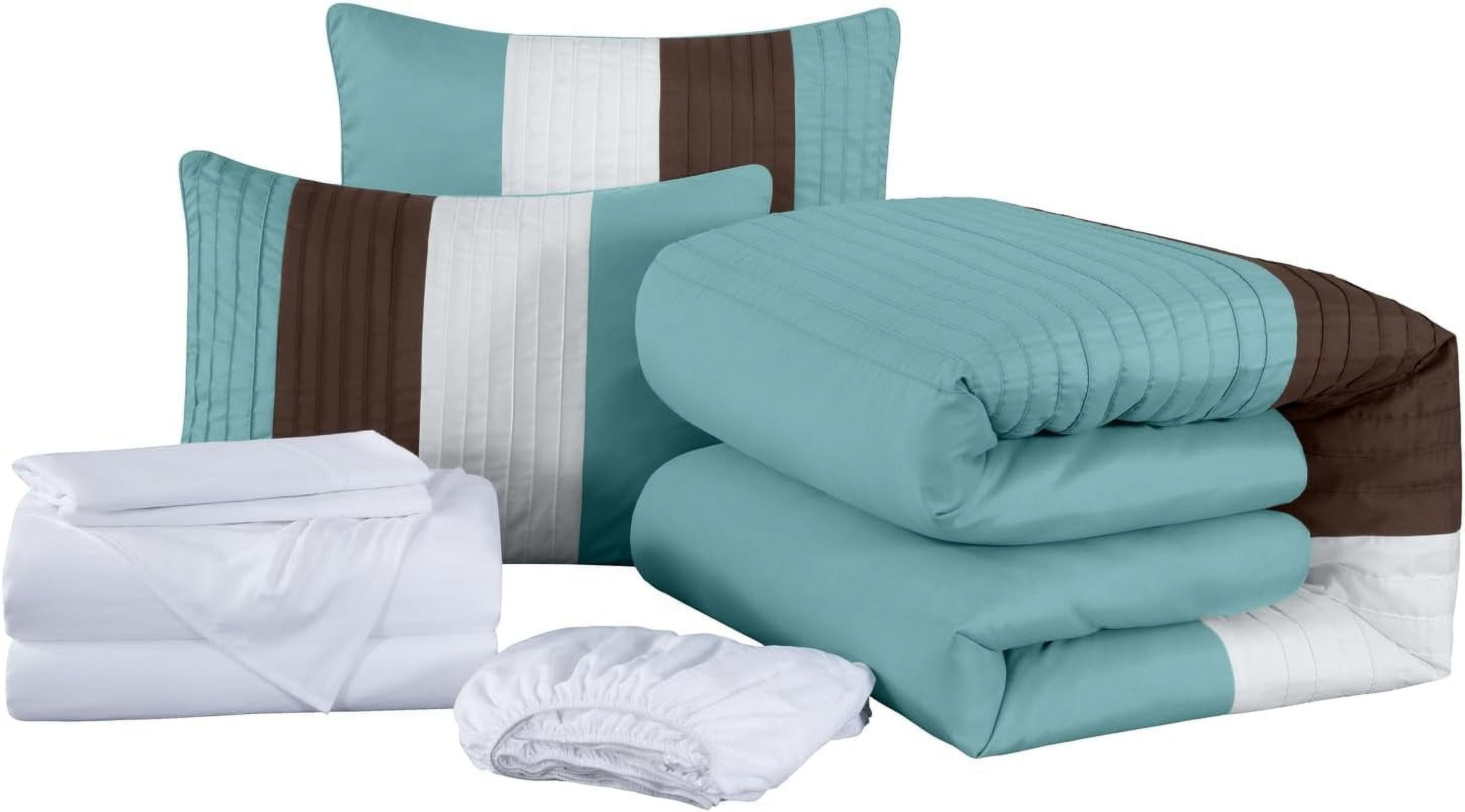 Chezmoi Collection Briar 7-Piece Queen Bed in a Bag Comforter Set with Sheets - Lightweight Comforter Blue Brown Beige Luxury Pleated Stripe Bedding Set for All Season