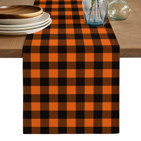 Black Orange Plaid Table Runner, Farmhouse Buffalo Check Gingham Washable Cotton Linen Table Runners 36 Inches Long, Dresser Scarf Runner for Nightstand/End Tables/Round Tables 13''x36''