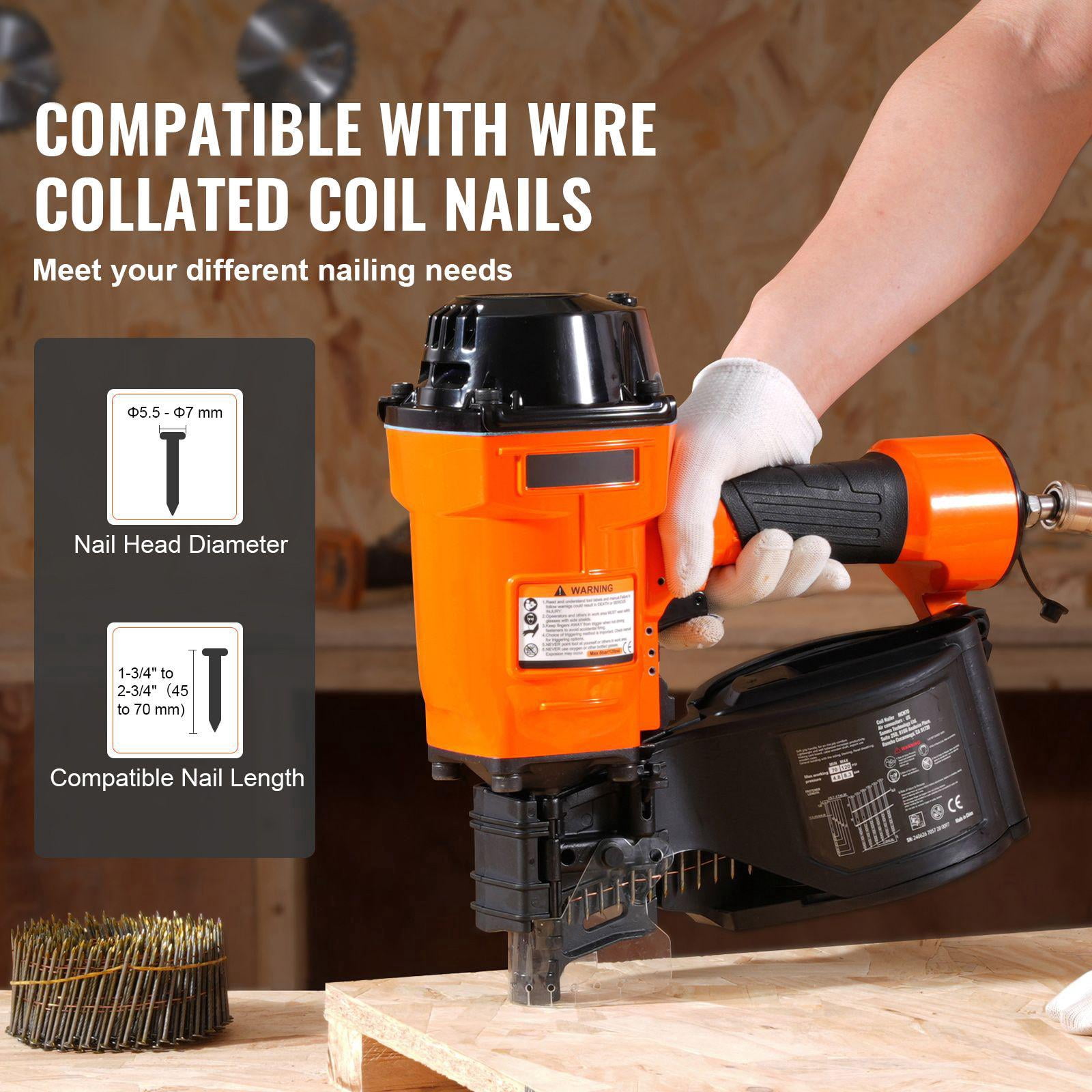 MCN70 Adjustable Pneumatic Coil Nail Gun 1.75 to 2.75 Inch 70-120 PSI for Pallets Boxes Frames Exterior Walls Fences