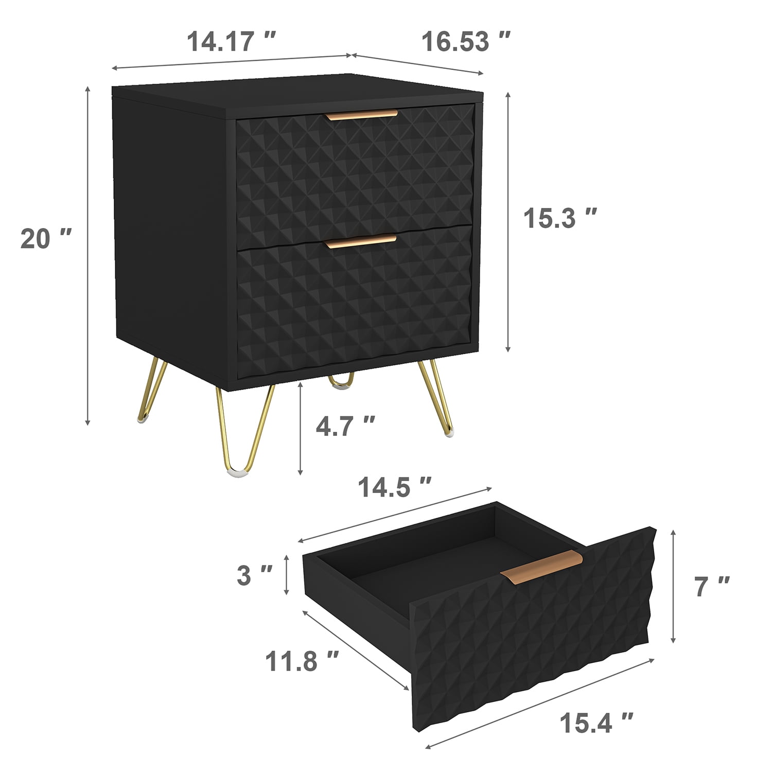 Finihen Carved Nightstand Single, Luxury Carving Board 2-Drawer Night Stand Bed Side Table with Metal Legs, for Bedroom Living Room, Black Finihen Carved Nightstand Single, Luxury Carving Board 2-Drawer Night Stand Bed Side Table with Metal Legs, for Bedroom Living Room, Black