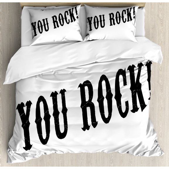 You Rock Duvet Cover Set King Size, Stamp Look Monochrome Motivational Saying Grunge Style Simplistic Print, Decorative 3 Piece Bedding Set with 2 Pillow Shams, Charcoal Grey White, by Ambesonne