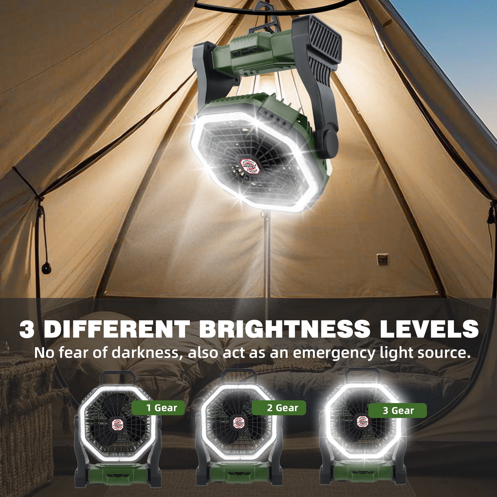 Roykaw 10400mAH Rechargeable Camping Fan with Ultra-bright LED Light, 4-Speed Wind & 3-Level Light