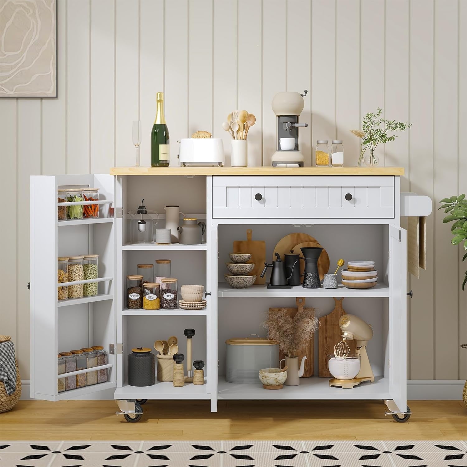 Frmobepts 41.3" Kitchen Island Cart Rolling Storage Cabinet Cart with Drawer & Rack,White