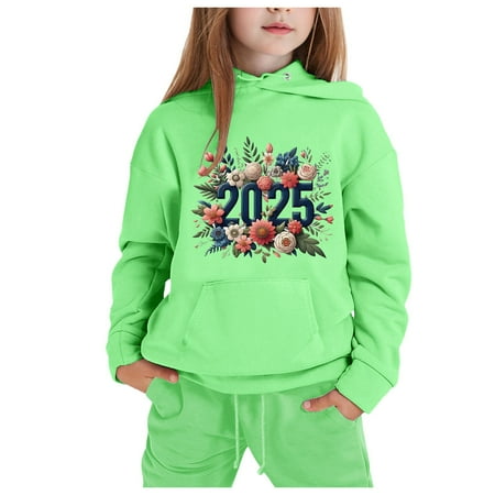 RMGVDSD Little Girls Sweatsuits 2 Piece For Girls 2025 New Year Graphic Print Long Sleeve Casual Hoodie And Sweatpants Kids Casual Sets Tracksuits