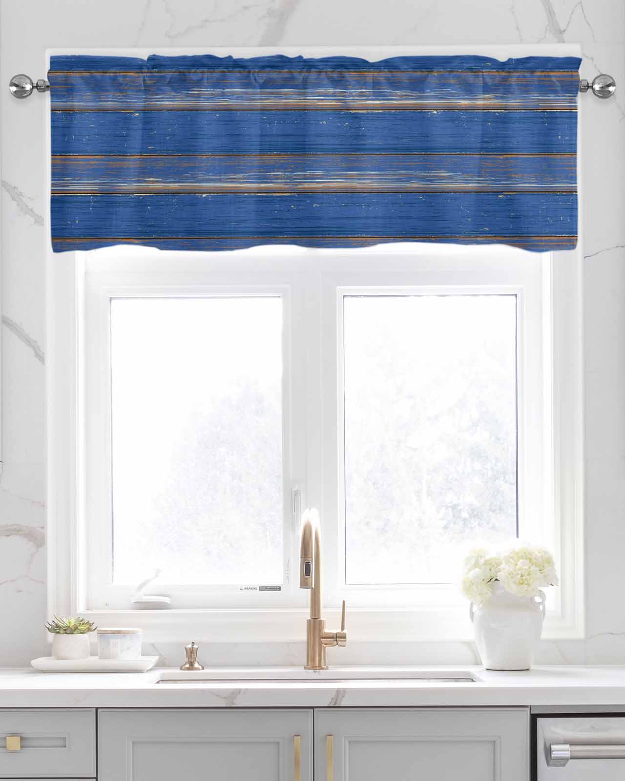 Blue Wooden Grain Kitchen Valances for Windows Farmhouse Linen Window Valance Curtain for Living Room Window Treatment Farmhouse Mottled Planks Country Valance Rod Pocket Topper Drape, 60 x 18 Inch