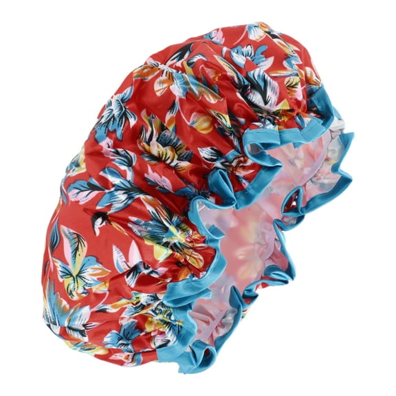 1 Pc Women Double Layer Flowers Shower Cap for Bathroom Vacation Travel Red Satin PEVA
