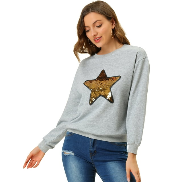 Unique Bargains Chandail en Molleton à Manches Longues Col Rond Étoile Brillant à Sequins pour Femmes