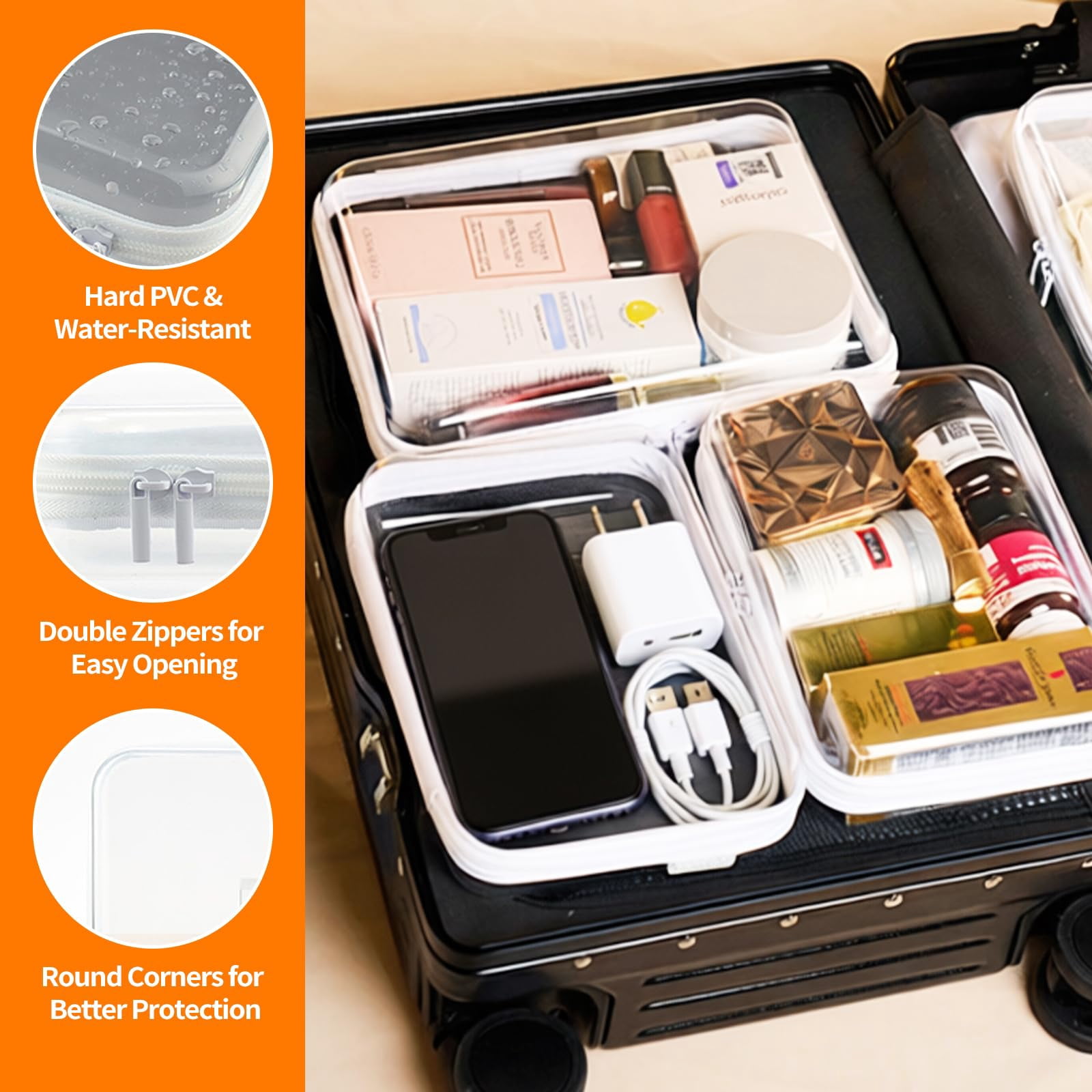 6 Pack Clear Hard Shell Zipper Case Set, 1.2mm Heavy Duty Crush-Resistant Organizer Pouches, Travel Storage Bags for Toiletries, Cables and Daily Essentials, 2L 2M 2S