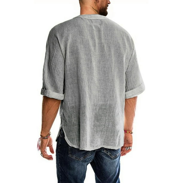 HIMONE Mens Casual V Neck Linen Shirts 3/4 Sleeve Hippie Drawstring Lace-up Yoga  Tops Summer Beach Dry Shirt Loungewear 