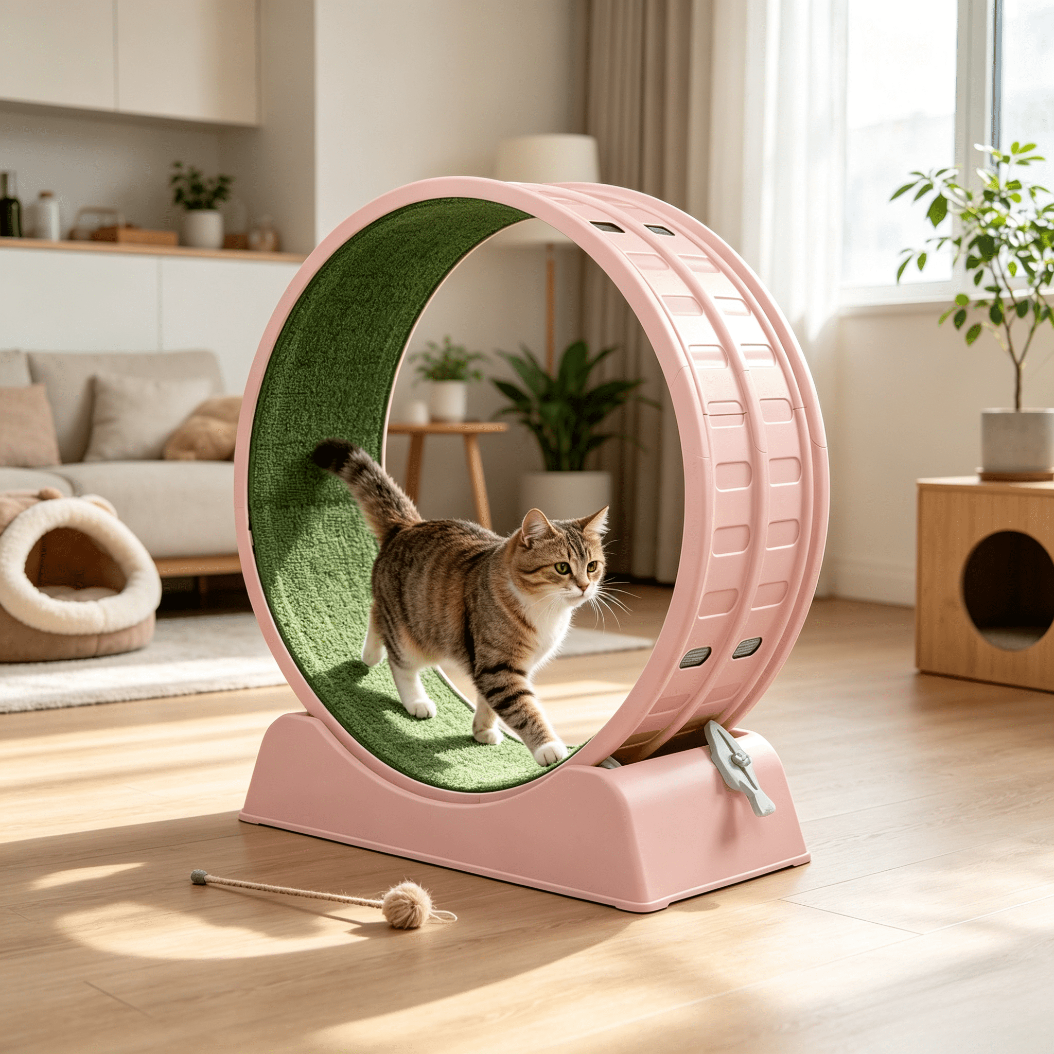Circular Shape With Green Carpet + 1 Cat Teaser Stick, 15kg Cat Treadmill, 80*34*86cm