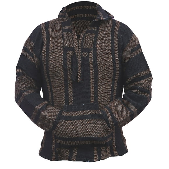 Mexican Baja Hoodie Hippie Surf Poncho Sweater Sweatshirt Pullover Jerga (X-Large, Brown/Black)